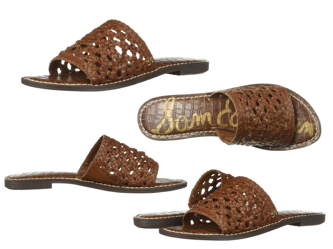 A collage of brown woven leather womens sandals with flat soles, each showcasing different angles: top view, side view, and bottom view. The insoles have a gold handwritten logo. The open-toe design and intricate weaving pattern are highlighted.