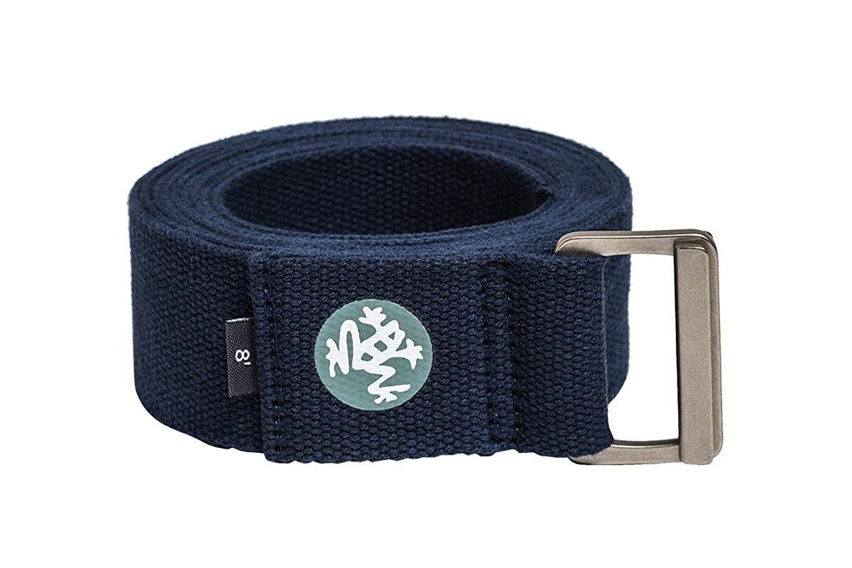 A coiled blue strap with a metal buckle and an abstract frog logo.