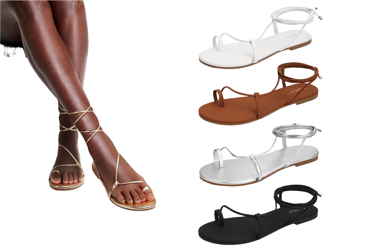 Women's legs wearing gold lace up sandals on her feet, next to a single white lace up sandal, a single brown lace up sandal, a silver, lace up sandal, and a single, black lace up sandal.