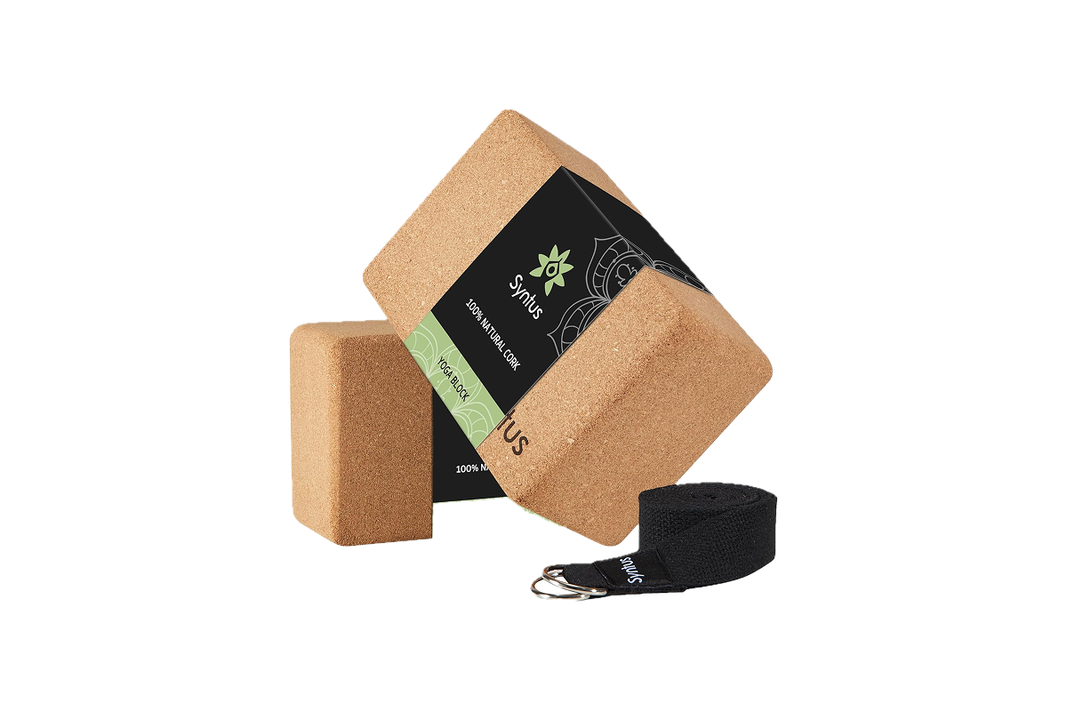 Two cork blocks, one with a black label, and a black strap.
