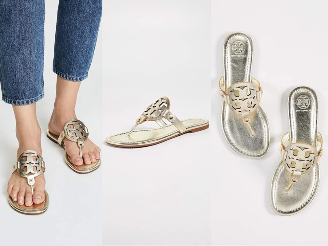 A triptych image showcasing metallic gold thong womens sandals. On the left, someone wears the sandals paired with cropped jeans. The middle and right sections display close-ups of the sandals from various angles, highlighting their decorative cut-out design on the straps.