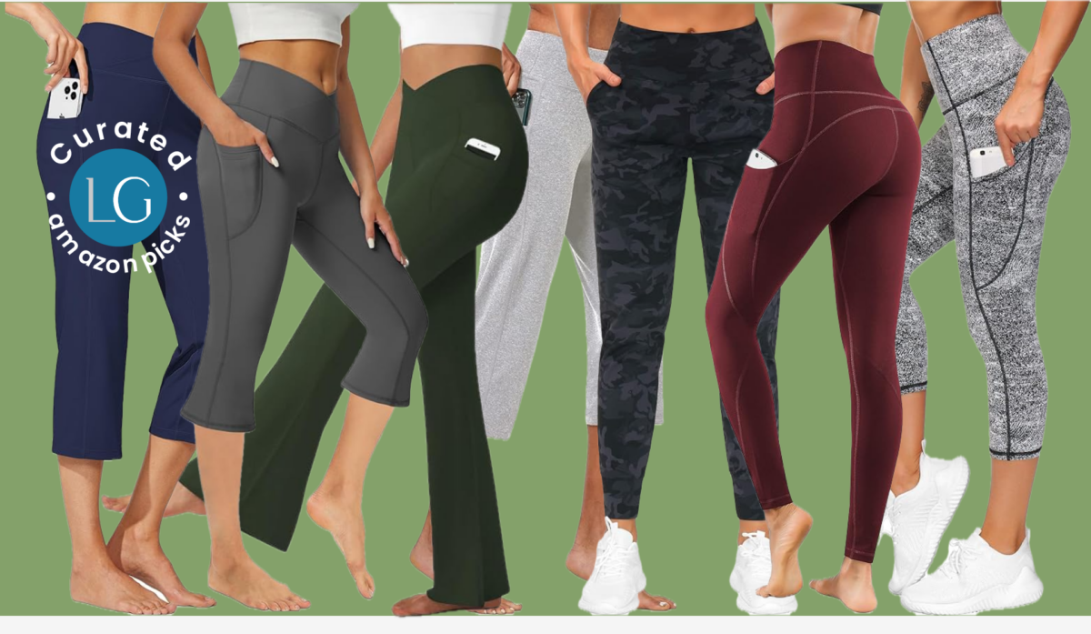 This image features the lower bodies of seven women on a green background. From left to right is a woman in a pair of navy blue capri style yoga pants, next to her is a woman in grey capri style yoga pants, next to her is a woman in dark green, long flare yoga pants, next to her is a woman in camo style jogger style yoga pants, next to her is a woman in a pair of tight, burgundy color yoga pants and to the far right is a woman in a pair of black/white yoga pants.