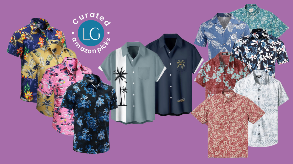 Twelve Hawaiian style button down shirts. From left to right: Purple, yellow, pink, black/blue, grey/white, black, blue, black, red and green, white and red.