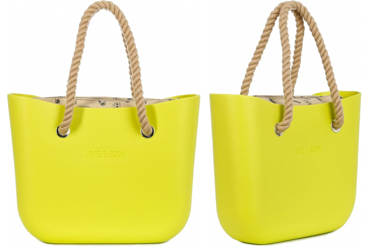 Two views of a bright yellow beach tote with sturdy light brown rope handles. The bag features a simple, smooth design with the brand name "LIVE & SODA" embossed on its front. The interior is lined with a patterned fabric, perfect for your next seaside adventure.