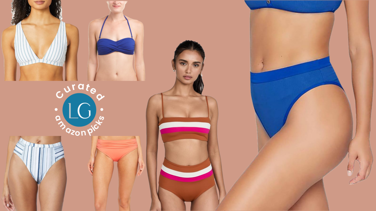 A collage of mix and match bikinis including a blue bandeau bikini top, a brown, pink and white striped top, a blue and white striped bikini top and bottom, a solid blue bikini bottom