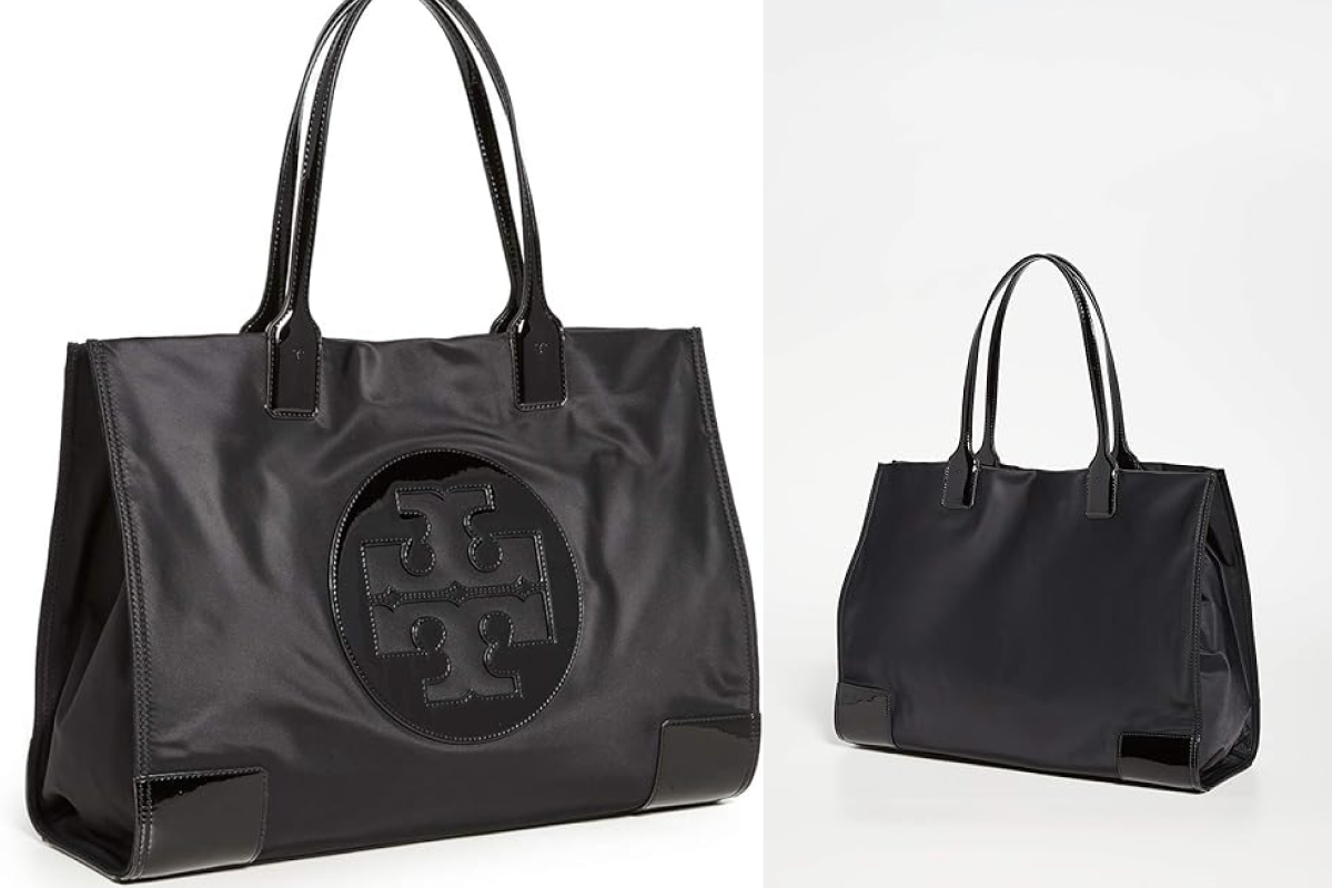 A black beach tote bag with two handles is displayed from two angles. One view shows the front of the bag featuring a large embossed circular logo, while the other view highlights a plain back with minimalistic design and reinforced corners at the base of the bag.