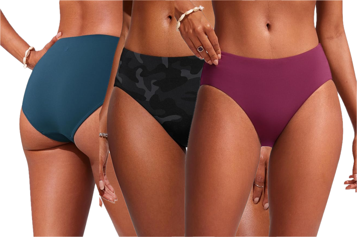 Three bodies wearing a teal bikini bottom, a camo print bikini bottom and a wine colored bikini bottom.