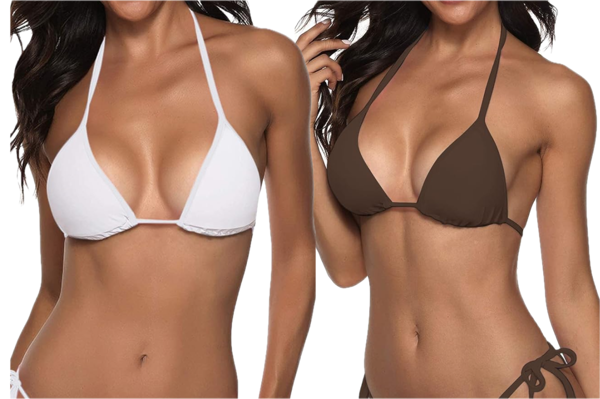 The upper torso of a woman. She is wearing a white triangle string bikini. Her black hair is flowing over her right shoulder.