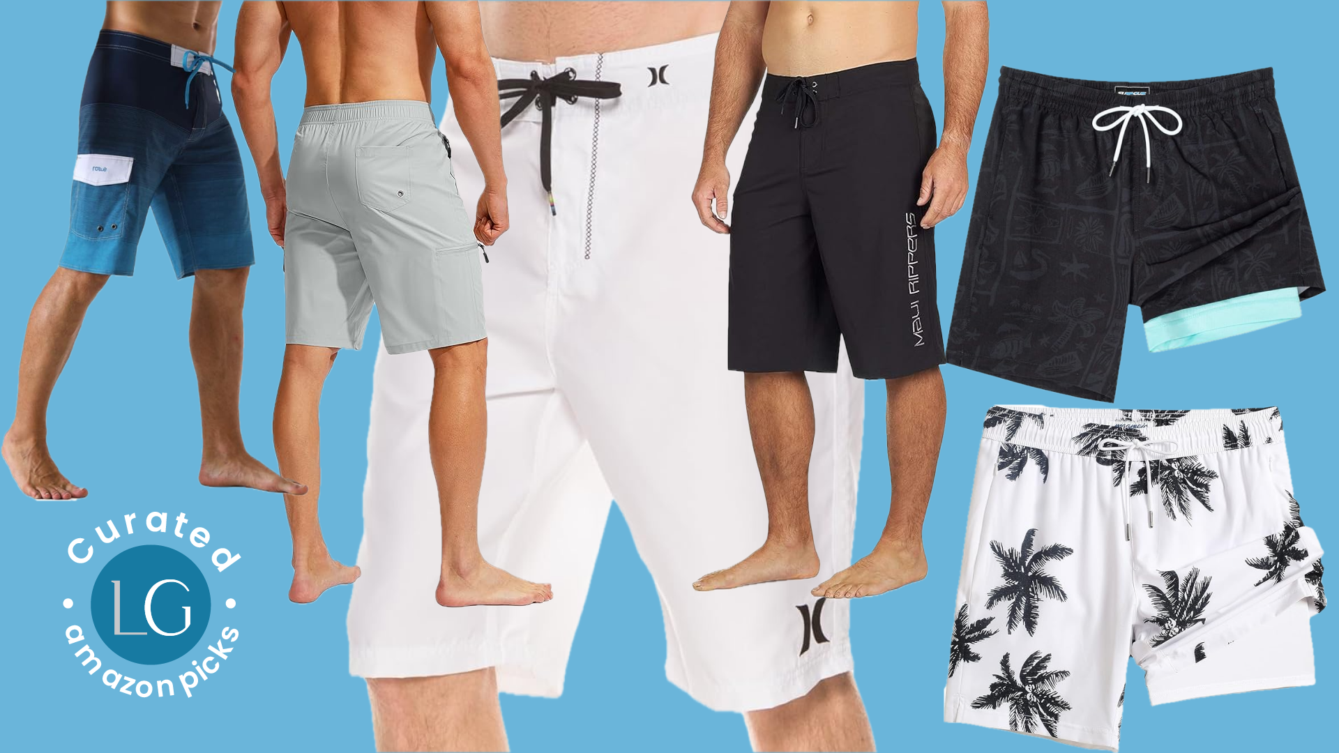 The lower body of a man wearing black fading into blue board shorts, the lower body of a man wearing a pair of light grey board shorts, the lower body of a man wearing a pair of white board shorts, the lower body of a man wearing a pair of black board shorts, a pair of black board shorts with a teal colored liner, a pair of white board shorts with black palm tree print.