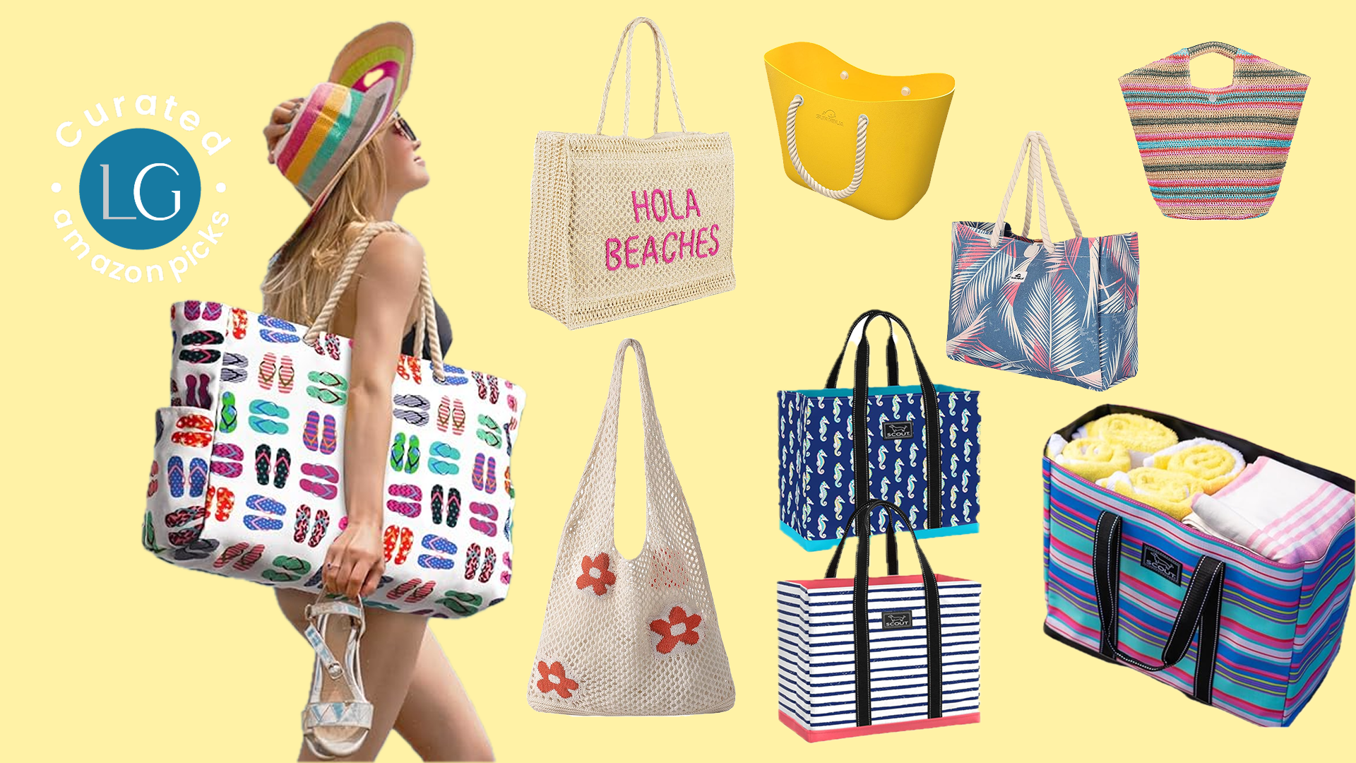 This image features a woman carrying a patterned beach tote with her face looking into the sky. She is next to a beach tote with the words Hola Beaches on the front, a crochet tote with red flowers, a yellow tote, a tote with a blue seahorse pattern, a tote with a navy and white stripe pattern, a tote with a multi colored palm frond pattern.