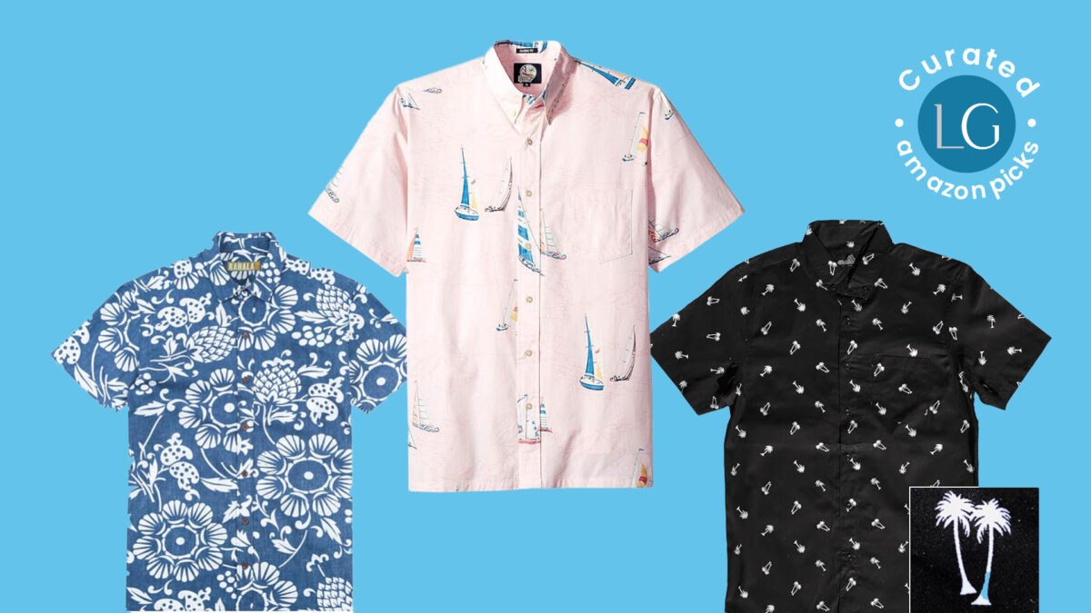 Three short-sleeve button-down shirts on a blue background. The left shirt is blue with white tropical flowers, the middle shirt is light pink with sailboats, and the right shirt is black with white palm tree prints. A logo on the right reads "Curated LG Amazon Picks.