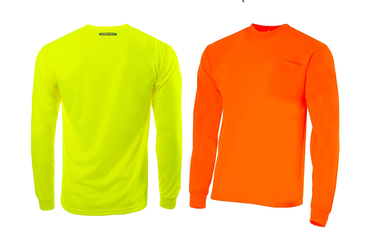 Two long sleeve shirts, one bright yellow and one orange, are side by side.