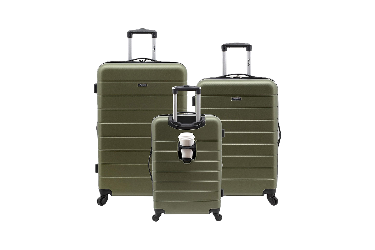 Three olive green roller suitcases—small, medium, and large. The smallest one has a cup holder in the center.