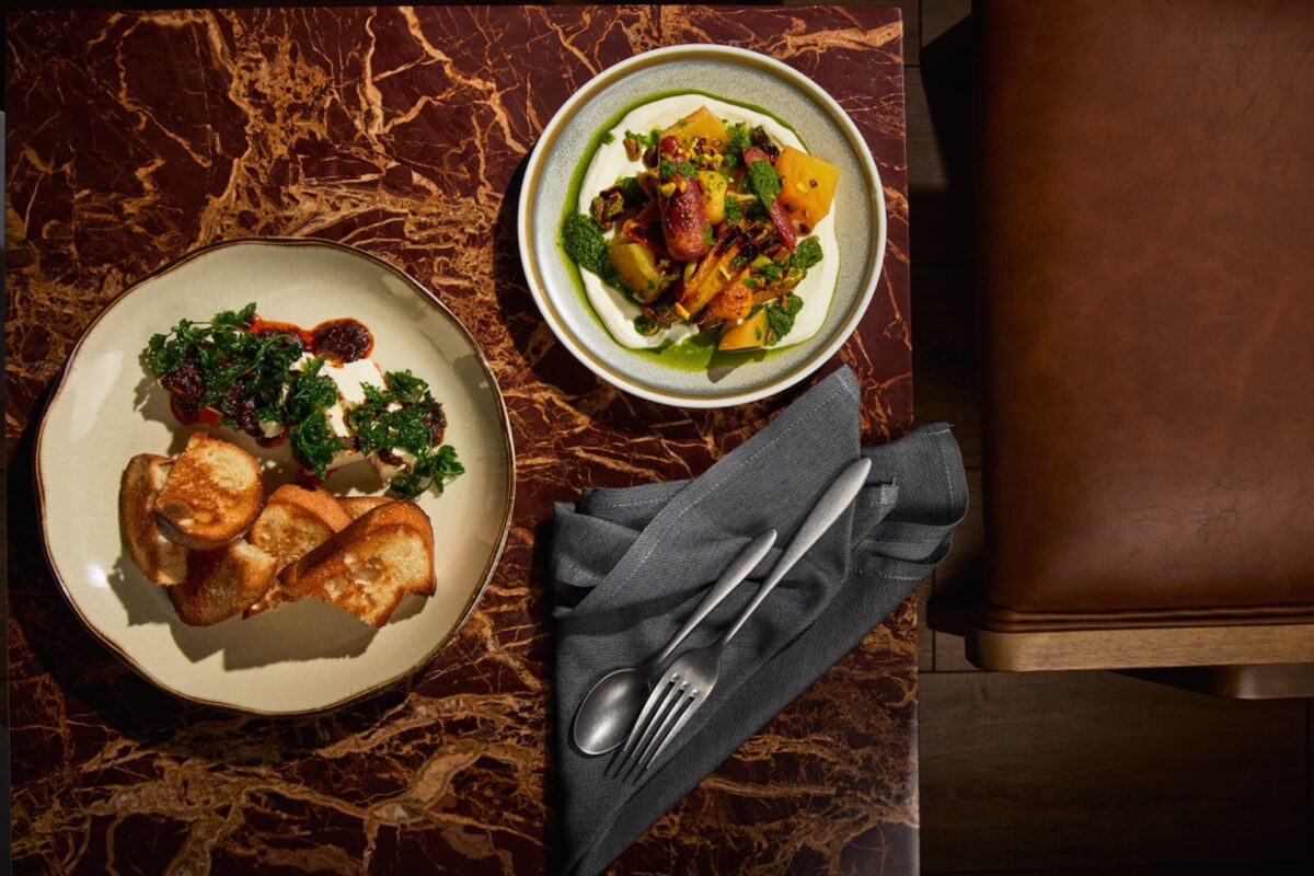 An aerial shot of two plates of food.