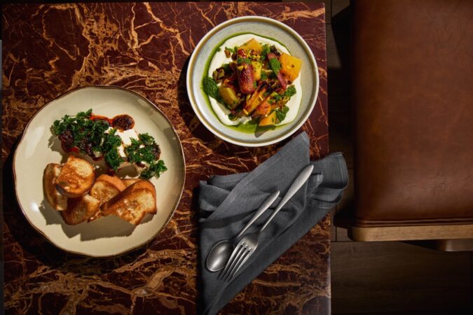 An aerial shot of two plates of food.