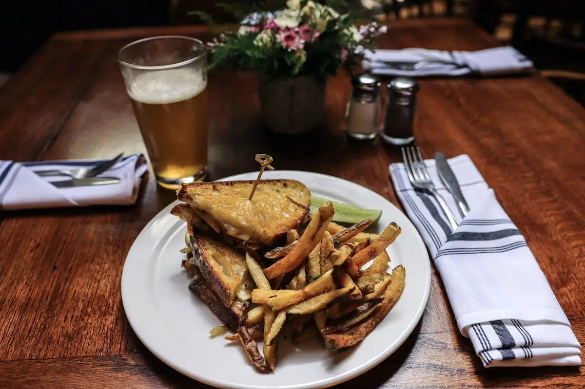 Grilled cheese, fries and beer from Giaco's Roadhouse in San Geronimo, California