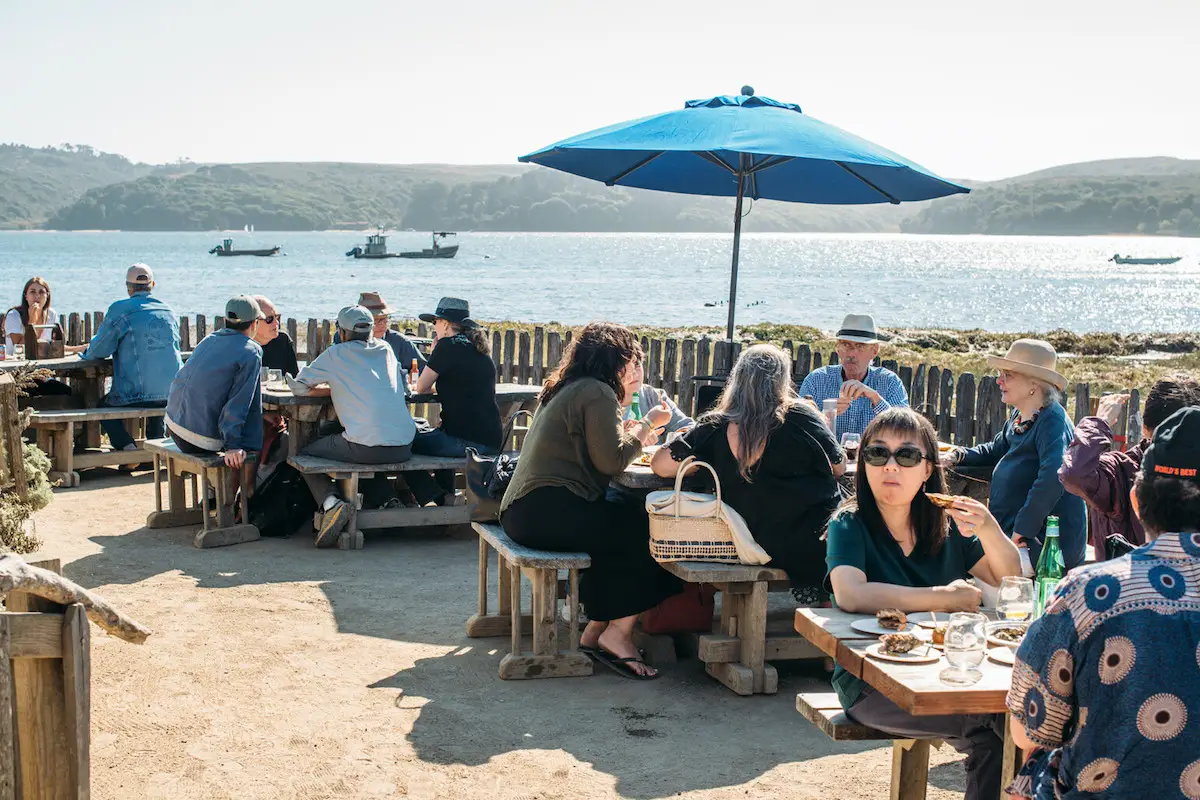 Outdoor patio on Tomales Bay at Hog Island Oyster Company in Marshal, California