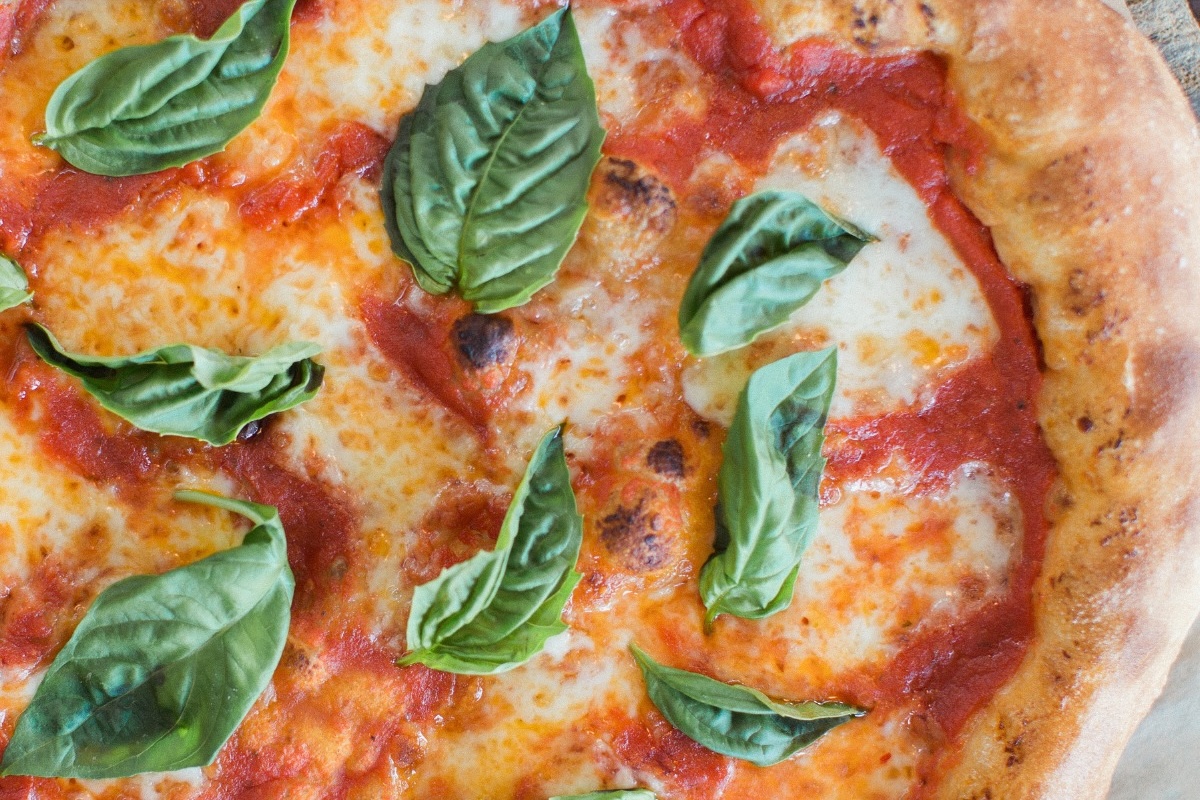 An aerial shot of a margherita pizza.