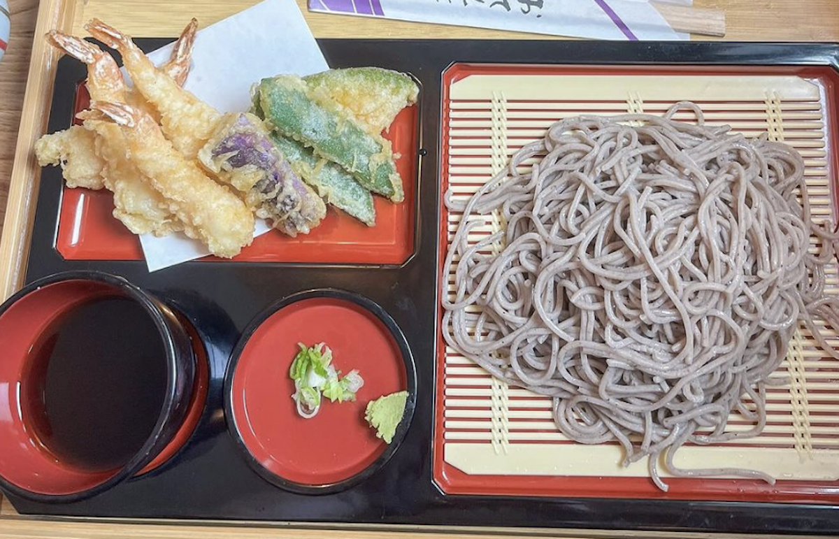 Noodles, sauce and some sides on a tray from Sobakatsu.