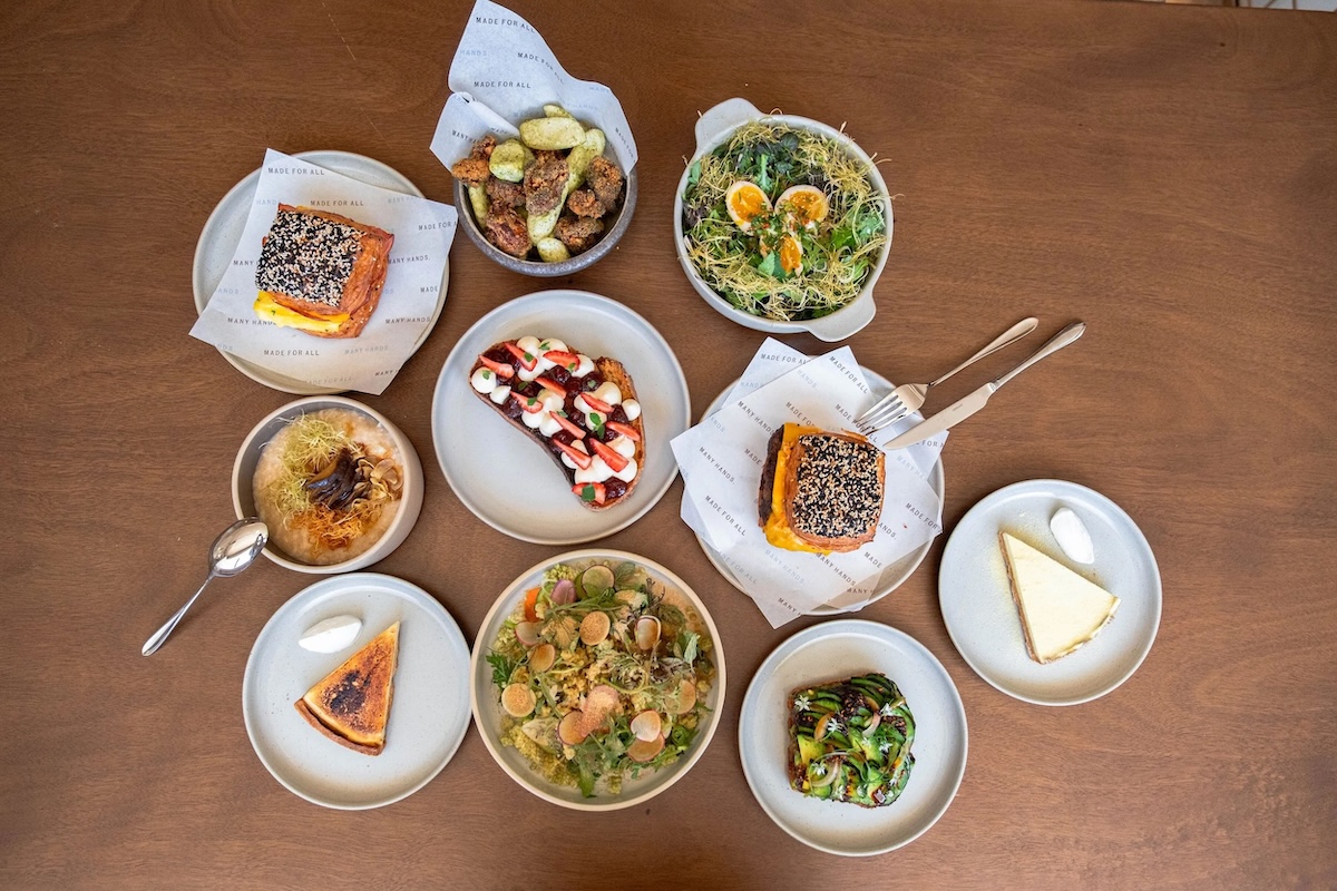 An aerial shot of many plates of food.
