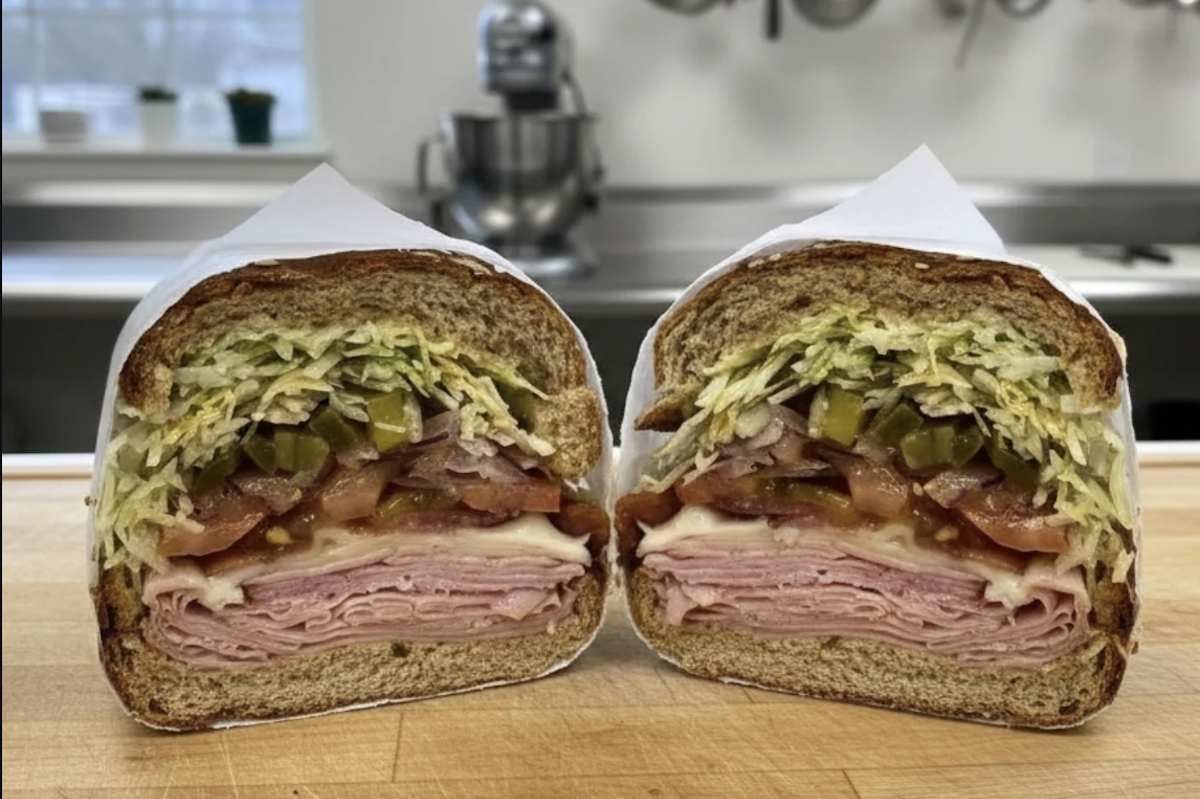 The cross section of a sandwich with lots of meat, sauce and other toppings.