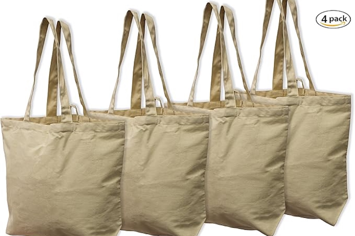 A four pack of tan organic cotton tote bags.