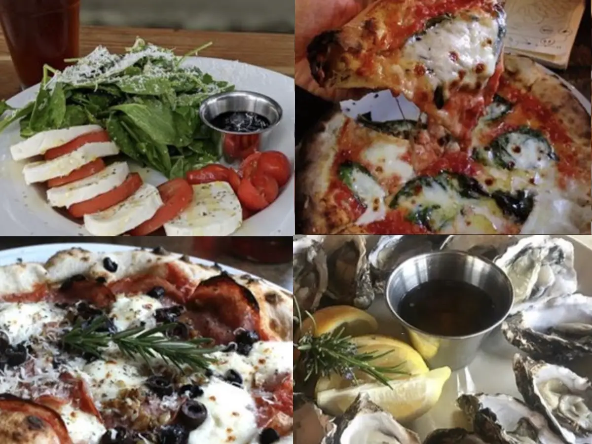 Collage of pizza, caprese salad and oysters from Cafe Reyes in Point Reyes Station, California
