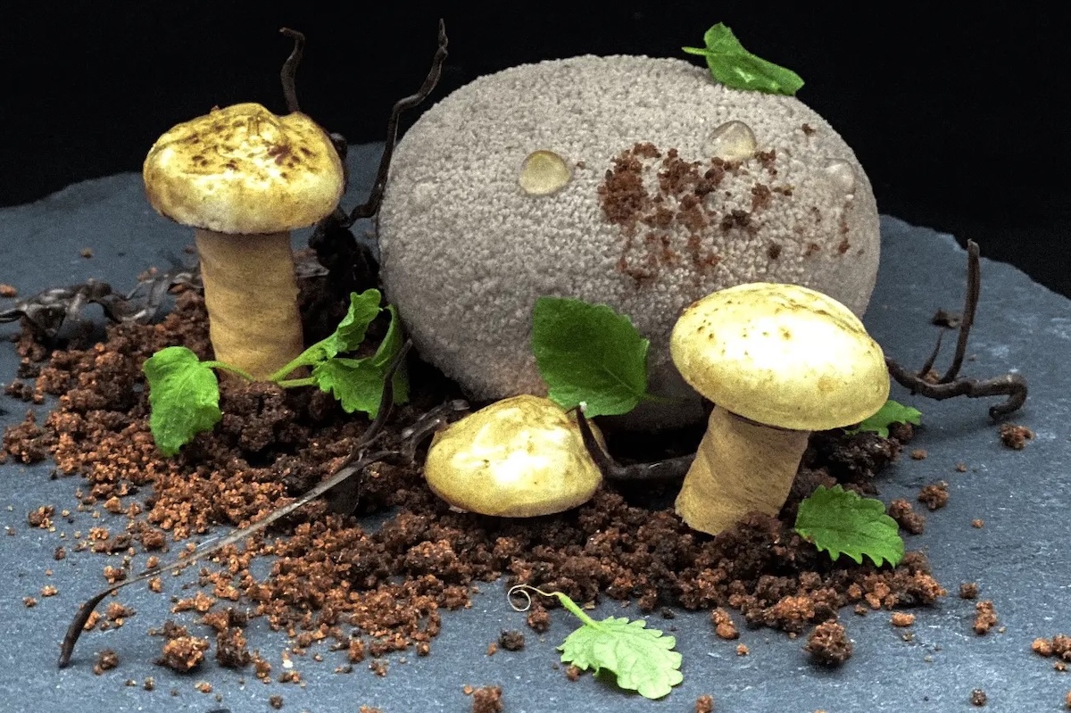 A gourmet dish resembling a forest floor, featuring three mushroom-shaped elements, leafy greens, and crumbled, soil-like garnish on a dark, round slate platter. The artistic presentation emphasizes earthy tones and textures, making it one of the Best Desserts in the Bay Area.
