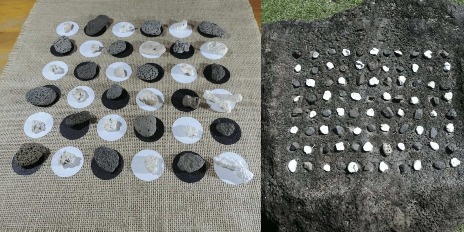 A side-by-side image comparison. The left shows round black and white placeholders with stones on burlap, arranged in a grid. The right, reminiscent of Kauai made craftsmanship, displays similar small stones arranged directly on a large, rough-surfaced rock. Both arrangements form a similar grid pattern.