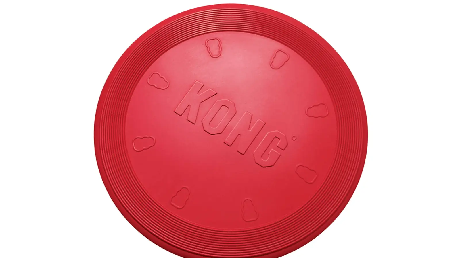 Red KONG dog toy frisbee with embossed lettering in the center, surrounded by a pattern of small embossed icons resembling dog silhouettes. The frisbee has a textured edge for improved grip and is one of the toys your dog will love.