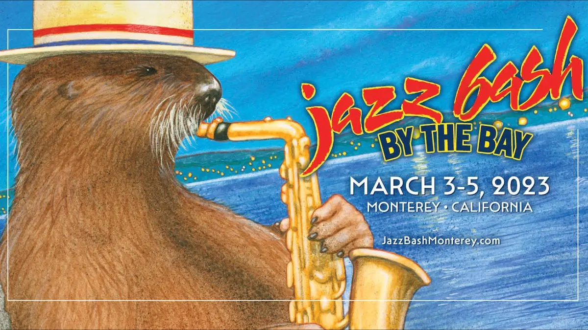 Flyer of otter playing saxophone for Jazz Bash by the Bay in Monterey, California