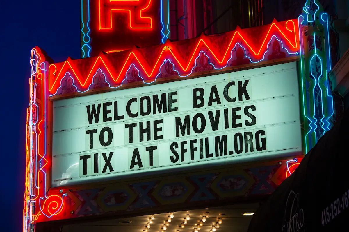 San Francisco International Film Festival neon sign at movie theater syaing "Welcome Back to the movies! Tix at sffilm.org" in San Francisco, California