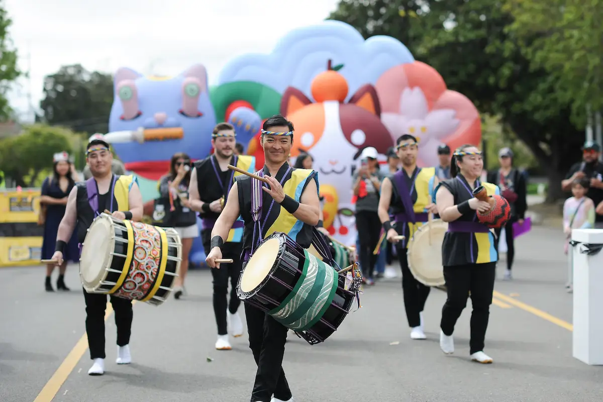 Taiko drummers march in the parade for Nikkei Matsuri, a Japanese American festival in San Jose, California