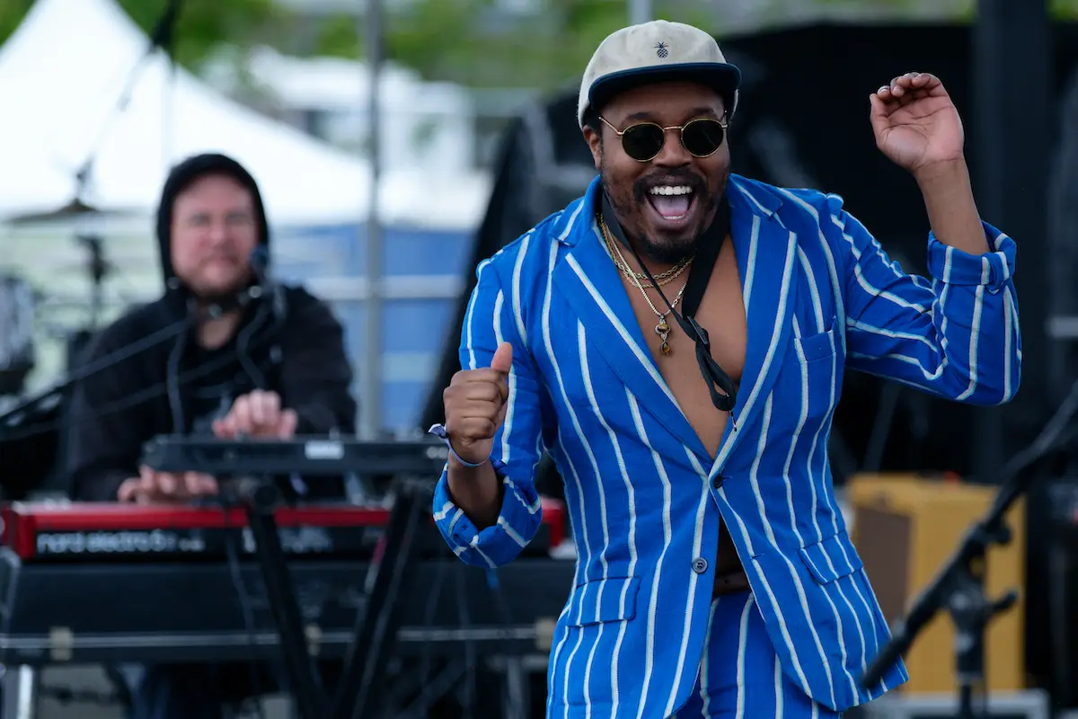 Durand Jones dancing onstage at Mill Valley Music Festival in Mill Valley, California