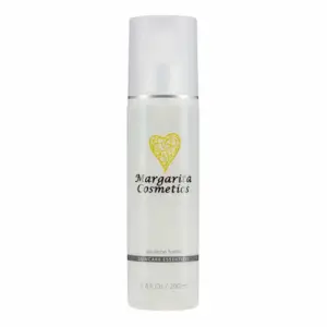 A sleek white cylindrical bottle with a silver cap, labeled "Margarita Cosmetics." The text reads "Azulene Toner" and "Skincare Essentials," accompanied by a heart-shaped golden logo above the brand name. This elegant bottle holds 6.8 fl oz (200 ml) of premium skincare toner.