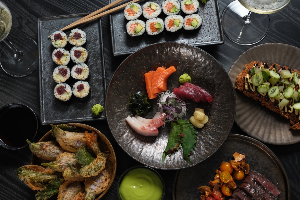 An aerial shot of sushi platters and spreads.