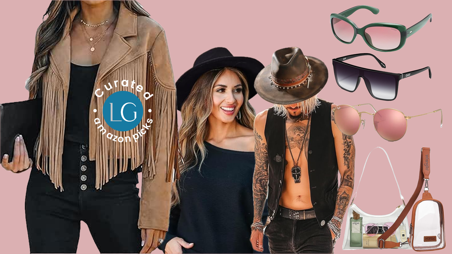A woman in a fringe suede jacket stands next to a woman in a black hat and shirt, who stands beside a man wearing a black suede vest, black jeans, and a tan suede cowboy hat. Next to them are three pairs of sunglasses and two clear bags.