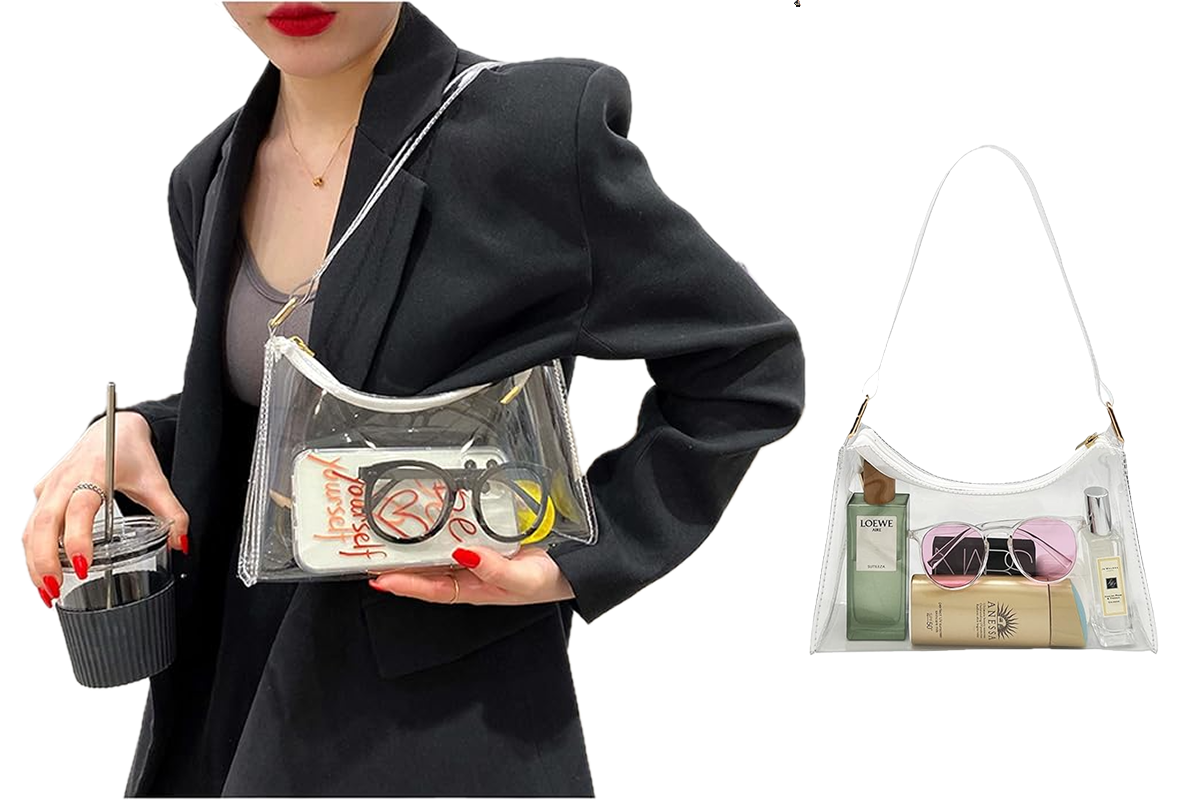 A woman wearing a black blazer, with a clear crossbody bag worn across her chest. Next to her is a close-up image of the clear bag.