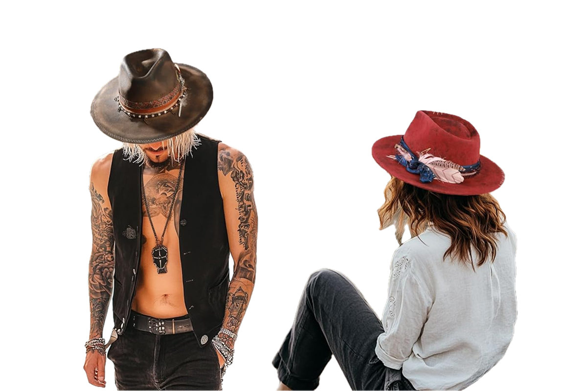 A man wearing a brown boho-style hat, a black open-chest vest, and black jeans stands next to a woman wearing a red boho-style hat, a white sweater, and black jeans.