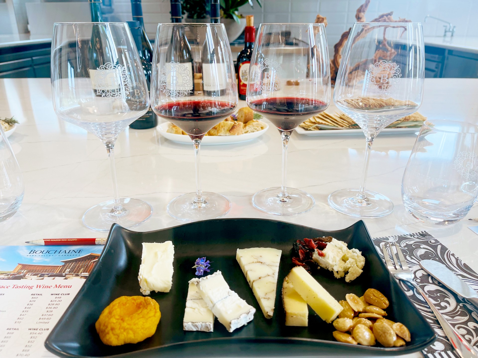A cheese spread and wine selection at Bouchaine winery
