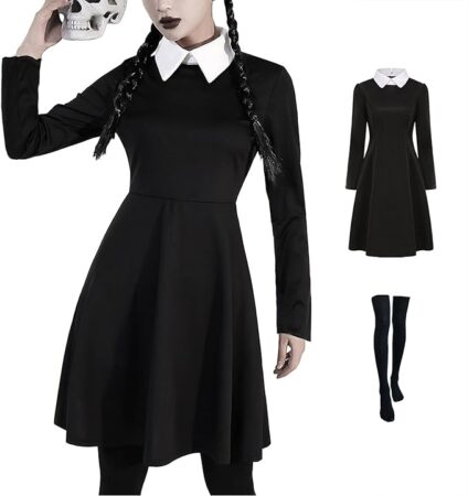 Wednesday Addams Halloween costume featuring a black long sleeves dress with a white collar and black tights.