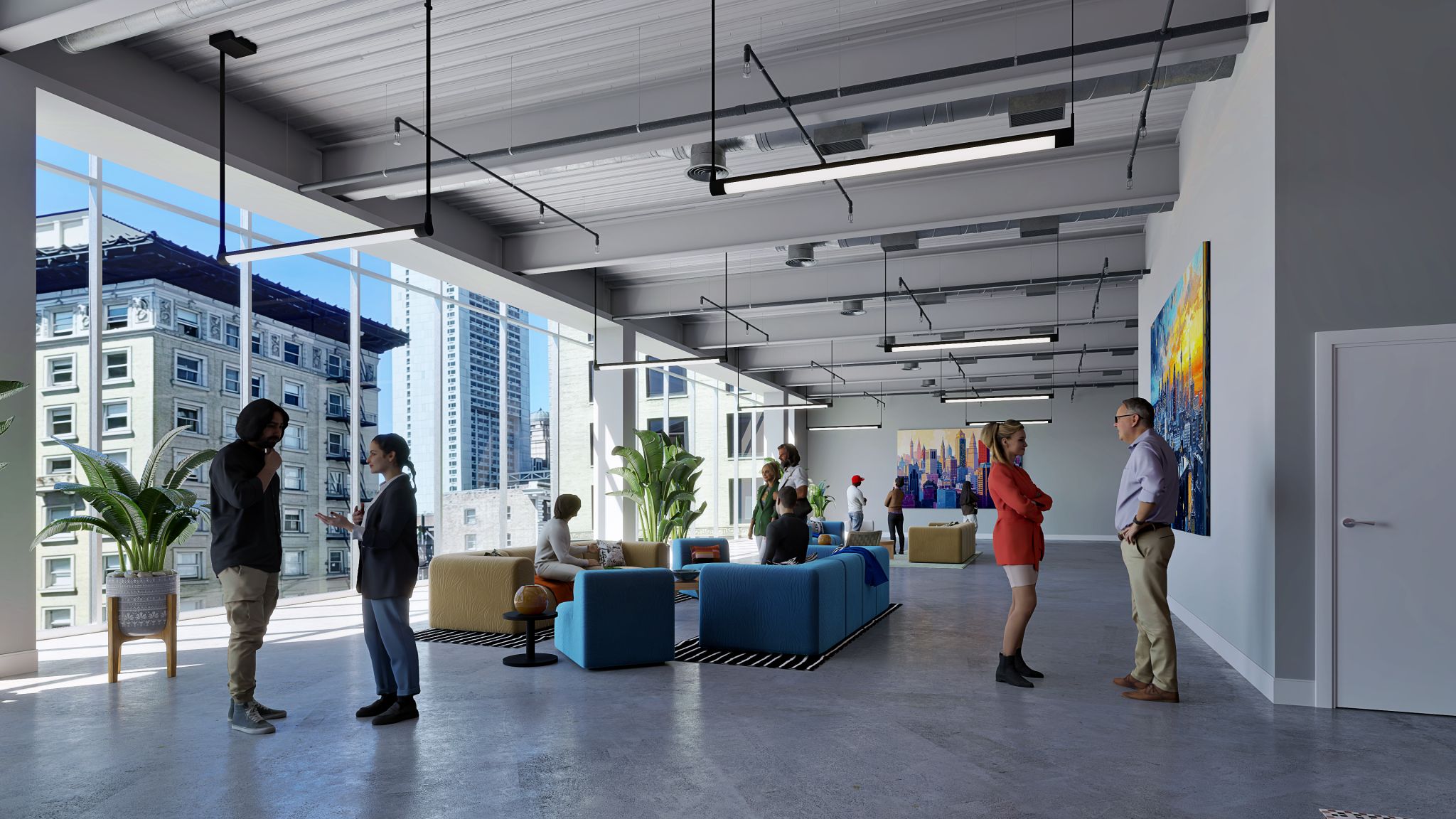 Attendees congregate near a window at L4 at 945 Market Street in San Francisco
