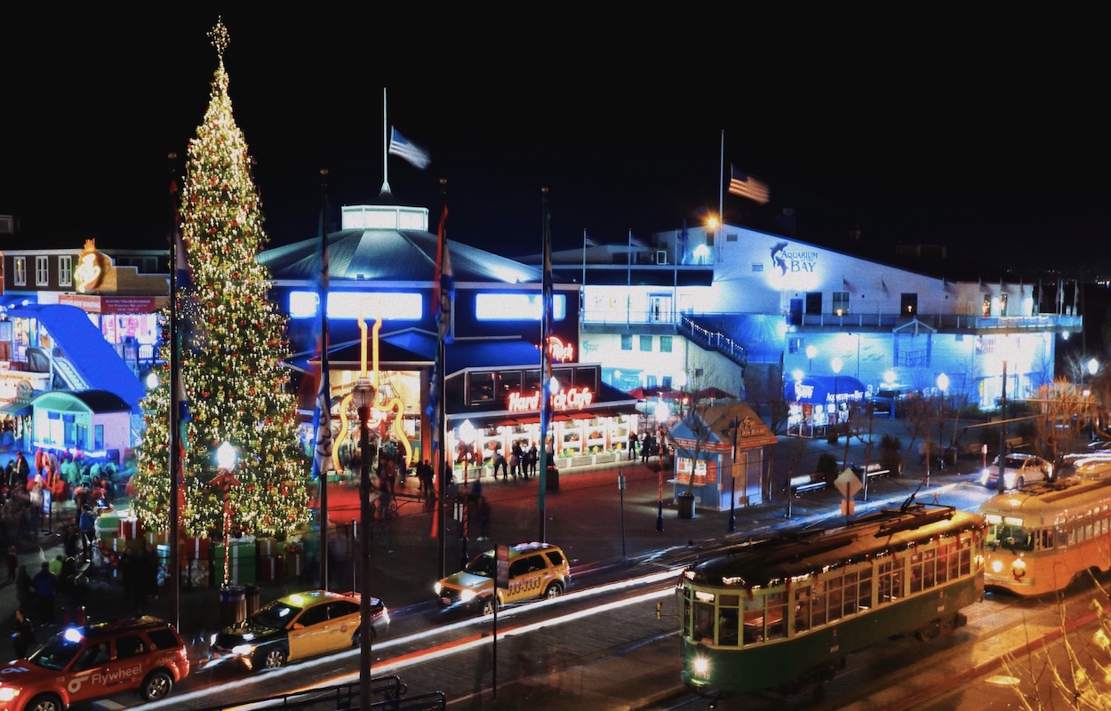 A view of PIER 39 during the holidays, including its 60-foot Christmas tree.