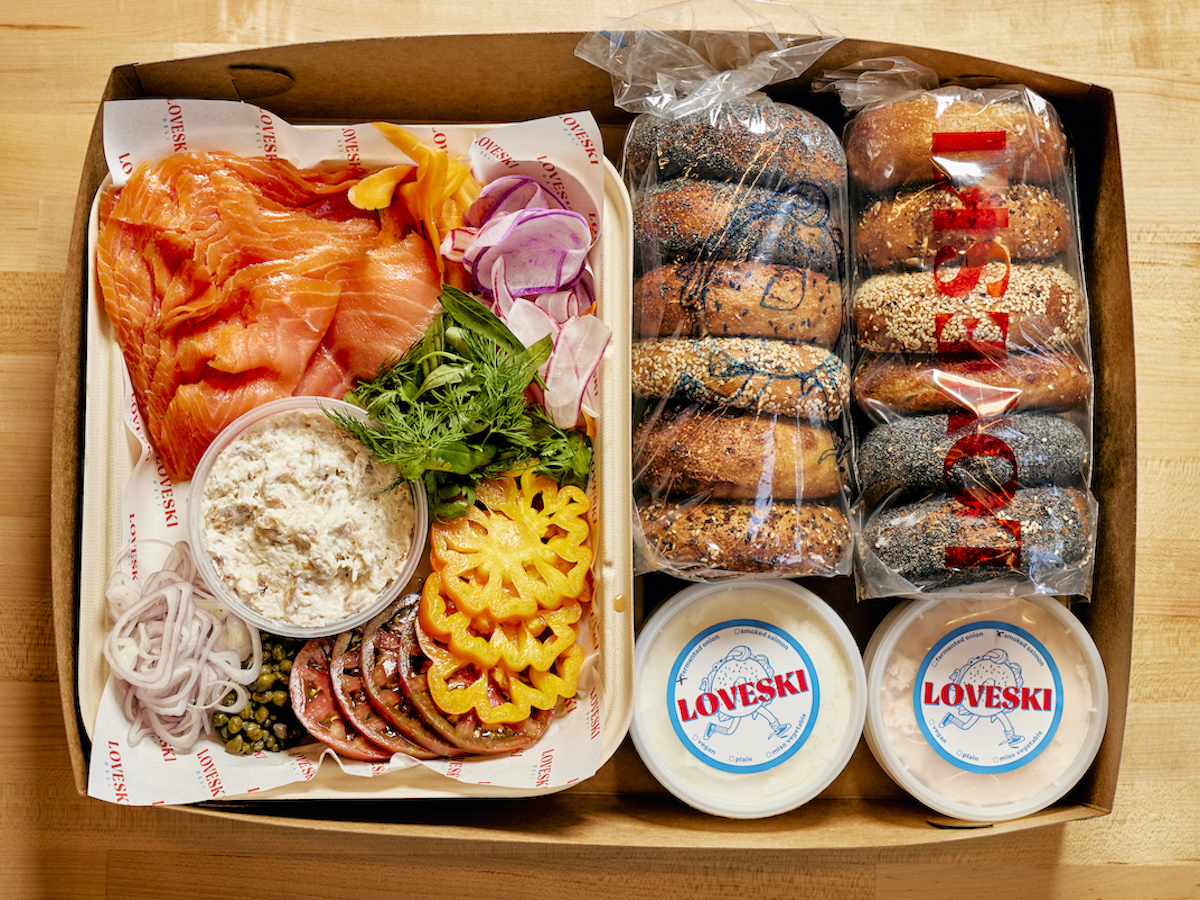 Bagel box and toppings from Loveski Deli Marin