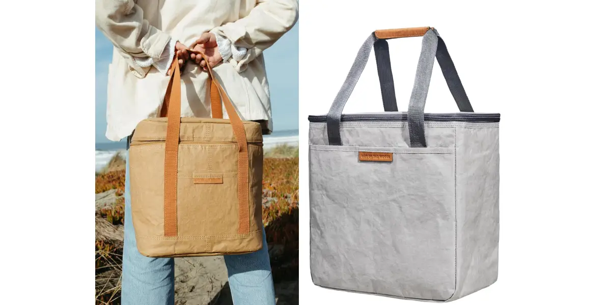 A person holding a brown insulated tote bag with tan straps outdoors. Next to this, there's a close-up of a similar grey insulated tote bag with dark grey straps, both featuring leather brand patches. These sustainably-made beach bags are perfect for carrying food and keeping it cool.