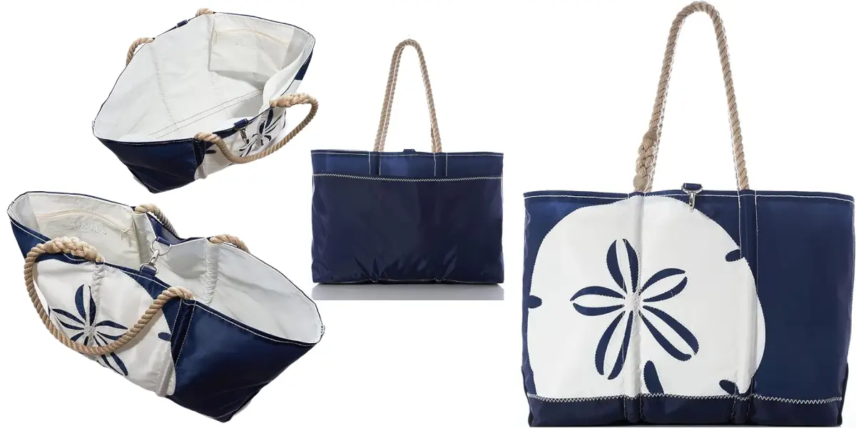 A stylish, sustainably-made beach bag with blue and white color blocks featuring a large sand dollar graphic on the front. The bag has rope handles and a spacious interior with a smaller side pocket. The bag is shown from various angles to highlight its design and eco-friendly features.