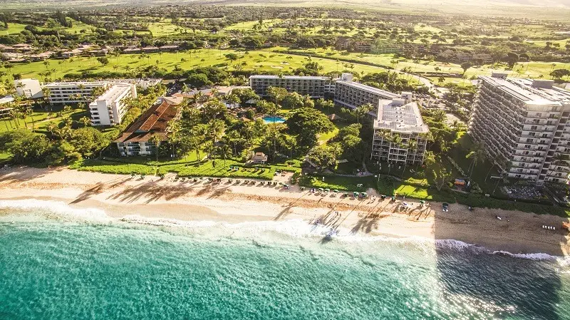 Aerial view of one of the best oceanfront hotels in Maui, featuring several multi-story buildings surrounded by lush greenery. The sandy beach stretches along the clear turquoise ocean, with lounge chairs and umbrellas lined up near the water. In the background, rolling hills and more greenery can be seen.