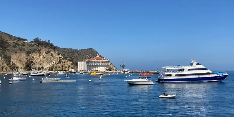 A scenic view of a blue harbor on Catalina Island, with several boats and yachts anchored in the water. In the background, there is a large building with a red roof, situated on a rocky coastline under a clear blue sky. Hilltops with sparse vegetation are also visible.