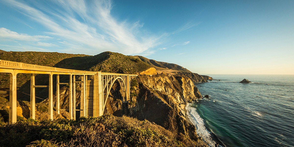 The famous Bixby Bridge on the cliffs over the ocean in Monterey, California.