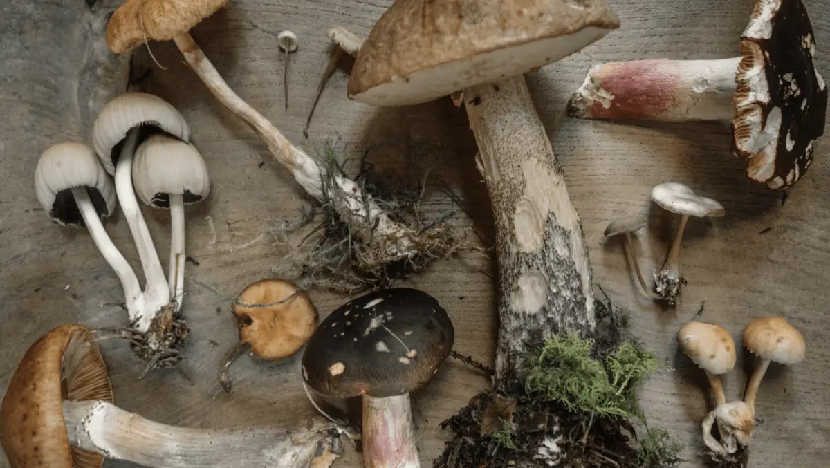 A wooden surface displays various mushrooms including clusters of small white ones, large brown-capped ones, and others with spotted and textured caps. Some have visible roots and moss attached. The variety in size, shape, and color showcases the diversity of fungi—reminiscent of the best things to do Monterey Peninsula January 2022.